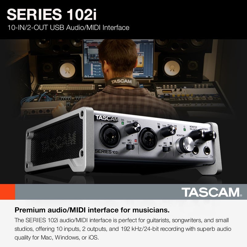 Tascam SERIES 102i 10 IN/2 OUT USB Audio Interface with MIDI, DAW Recording Software for Songwriting, Podcasting, Recording,Silver - Image 2